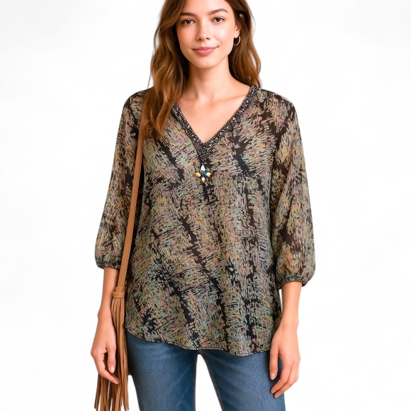 Ace Fashion Tops - Ace Fashion Sheer V-Neck Tunic Blouse Abstract Flowy  Beaded Crystals Bohemian